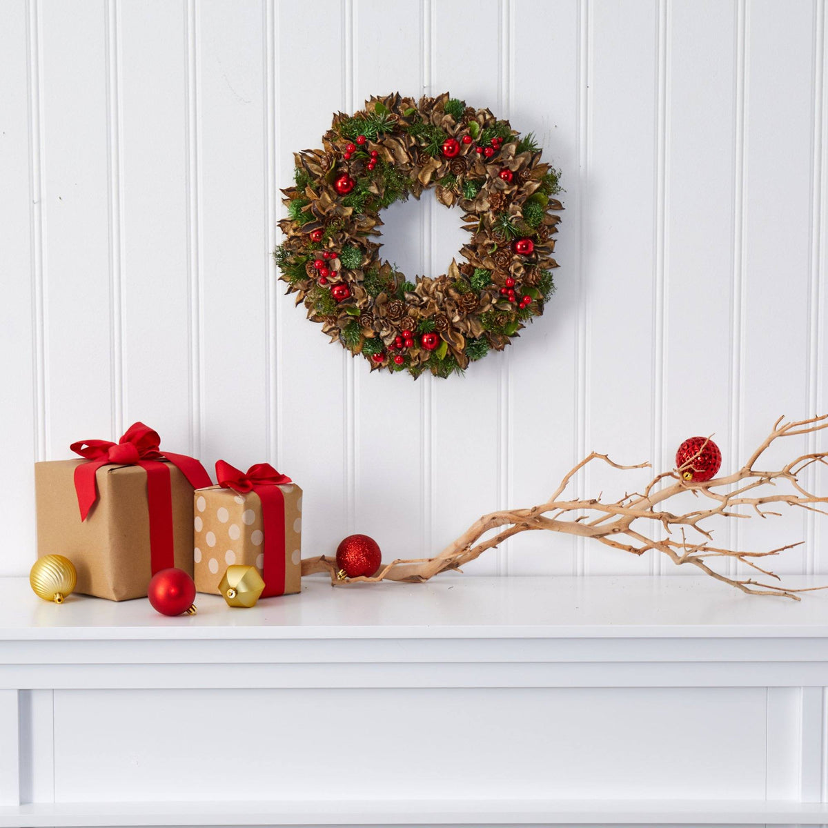 15-Inch Mixed Greenery Holiday Wreath with Ornaments - View 5