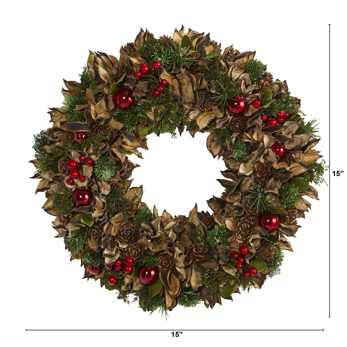 15-Inch Mixed Greenery Holiday Wreath with Ornaments - View 3