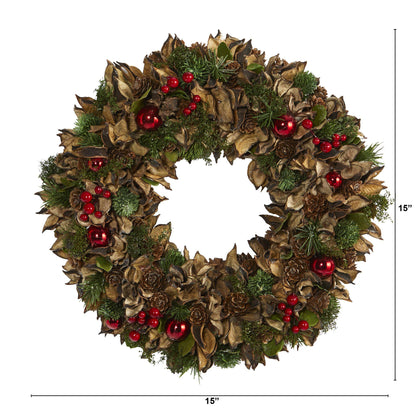 15-Inch Mixed Greenery Holiday Wreath with Ornaments - View 3
