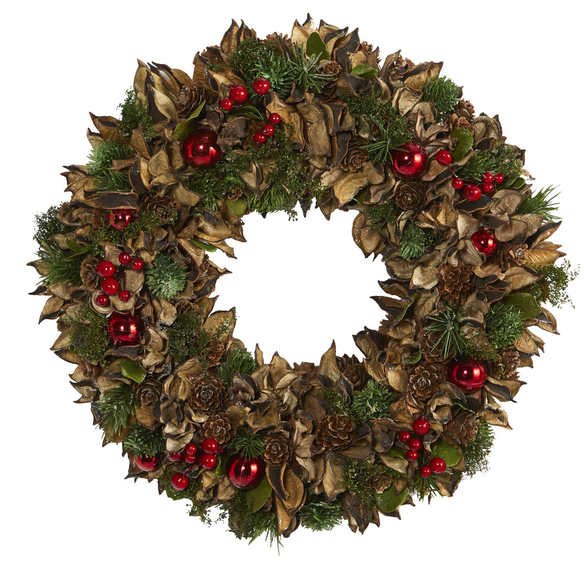 15-Inch Mixed Greenery Holiday Wreath with Ornaments - View 4