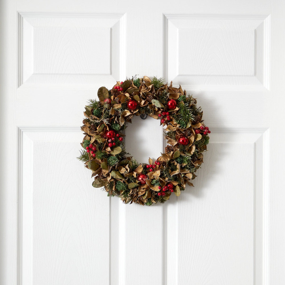 15-Inch Mixed Greenery Holiday Wreath with Ornaments - View 1