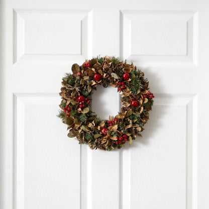 15-Inch Mixed Greenery Holiday Wreath with Ornaments - View 1