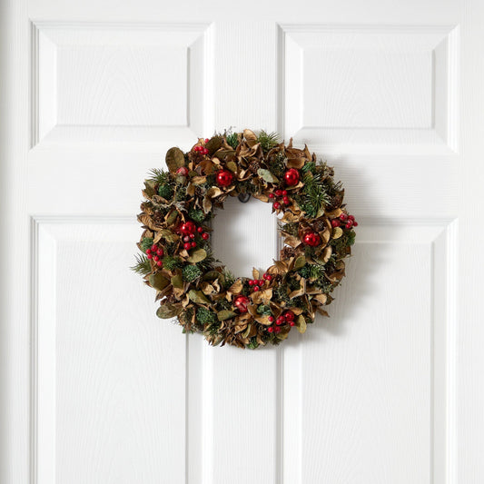 15-Inch Mixed Greenery Holiday Wreath with Ornaments - View 1