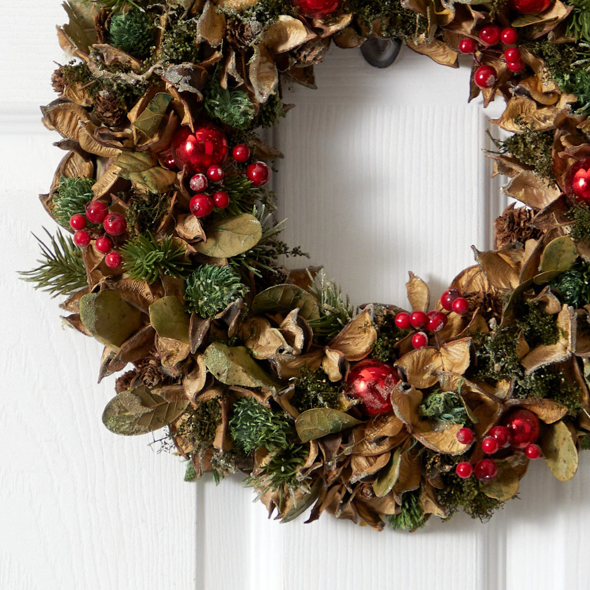15-Inch Mixed Greenery Holiday Wreath with Ornaments - View 2
