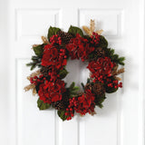 24-Inch Red Hydrangea and Pine Decorative Wreath - View 1