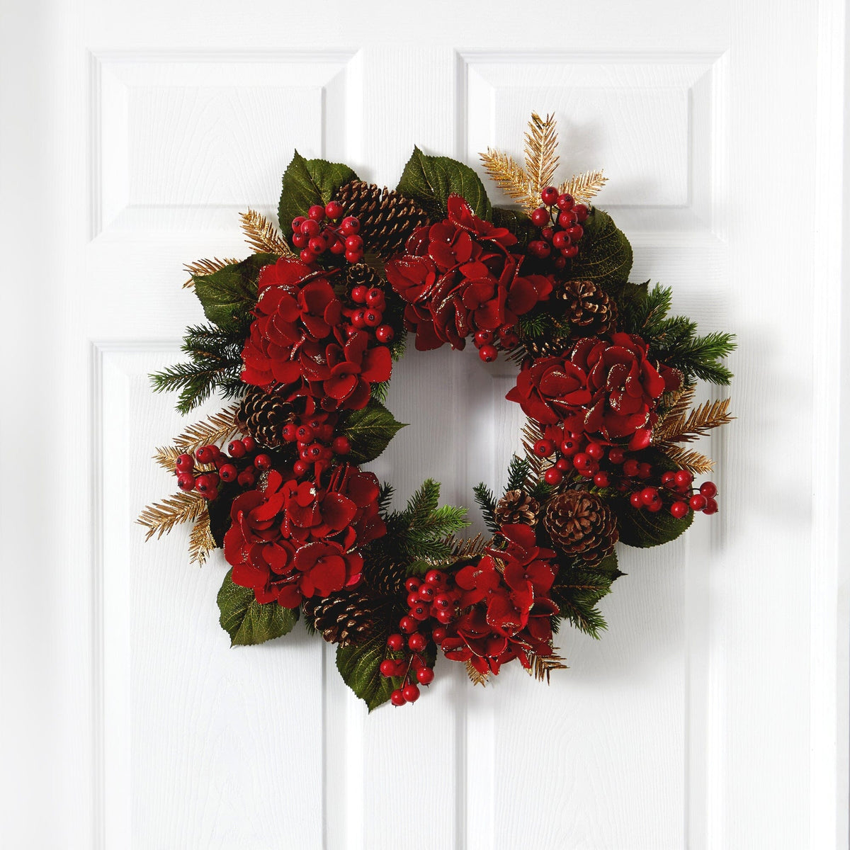 24-Inch Red Hydrangea and Pine Decorative Wreath - View 1