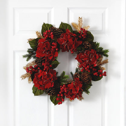 24-Inch Red Hydrangea and Pine Decorative Wreath - View 1