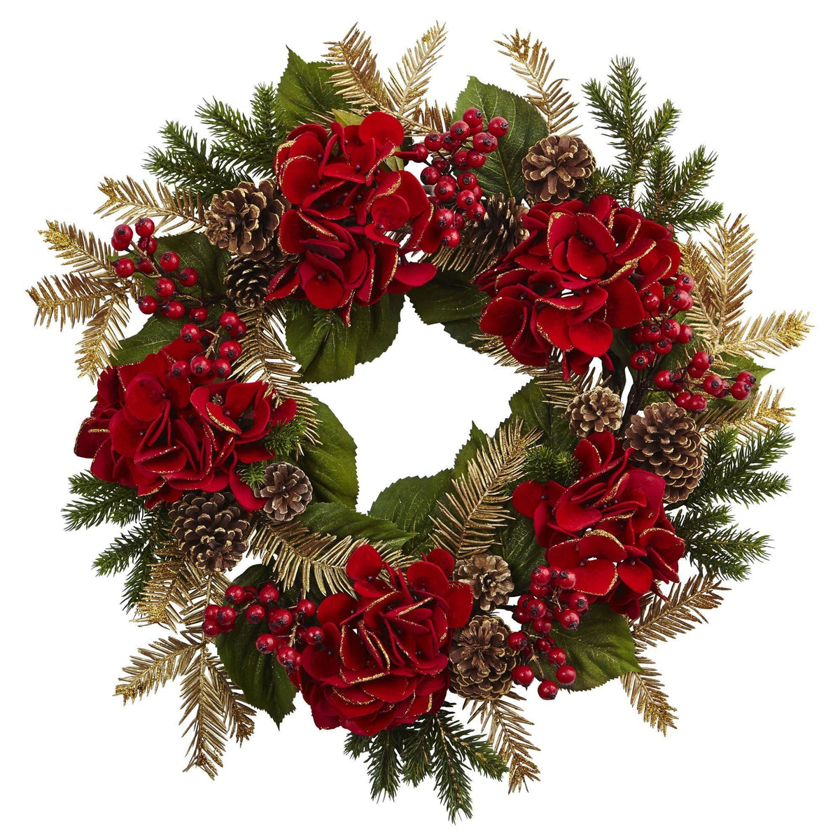 24-Inch Red Hydrangea and Pine Decorative Wreath - View 3