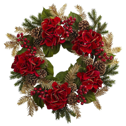 24-Inch Red Hydrangea and Pine Decorative Wreath - View 3