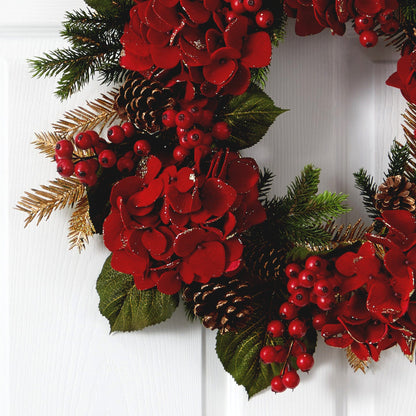 24-Inch Red Hydrangea and Pine Decorative Wreath - View 2