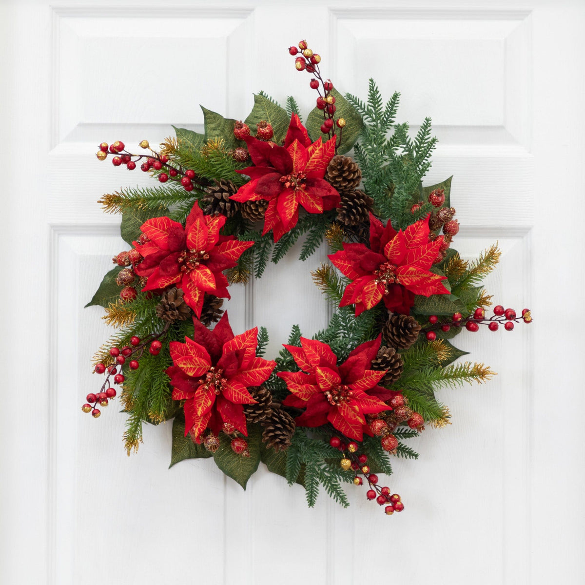24-Inch Red Poinsettia and Berry Seasonal Wreath - View 1