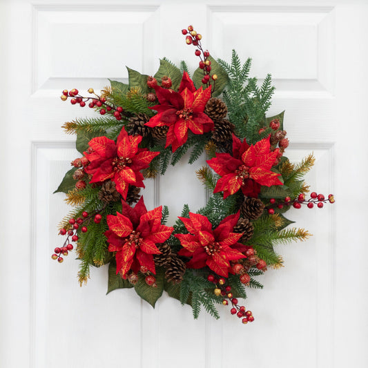 24-Inch Red Poinsettia and Berry Seasonal Wreath - View 1