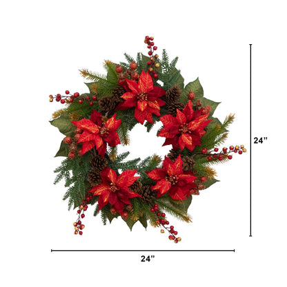 24-Inch Red Poinsettia and Berry Seasonal Wreath - View 5