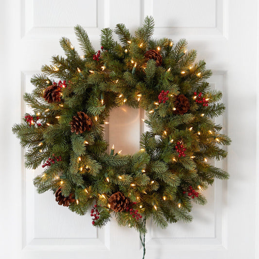 30-Inch Lighted Pine Wreath with Berries and Pine Cones - View 1