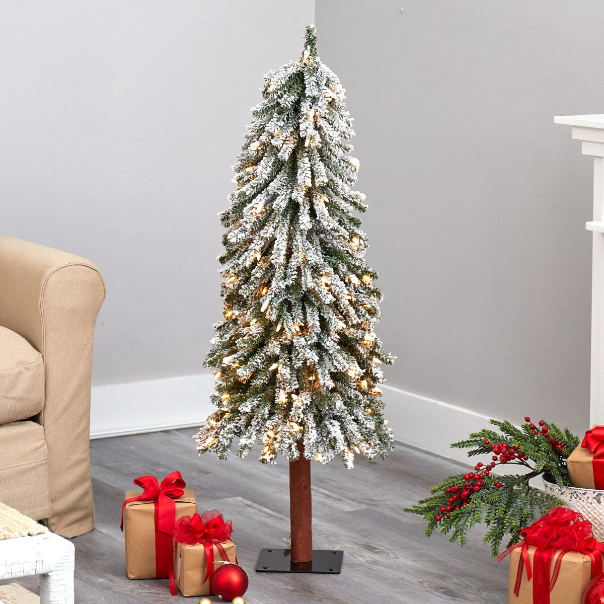 4-Foot Snow-Flocked Alpine Christmas Tree with 100 Clear LED Lights - View 2