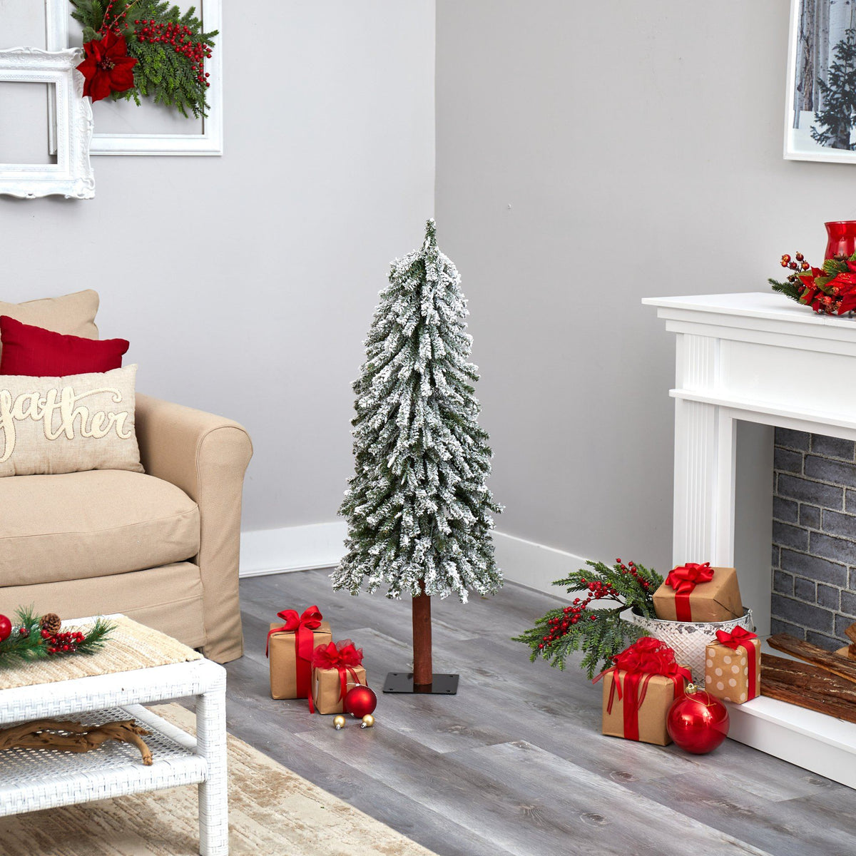 4-Foot Snow-Flocked Alpine Christmas Tree with 100 Clear LED Lights - View 4