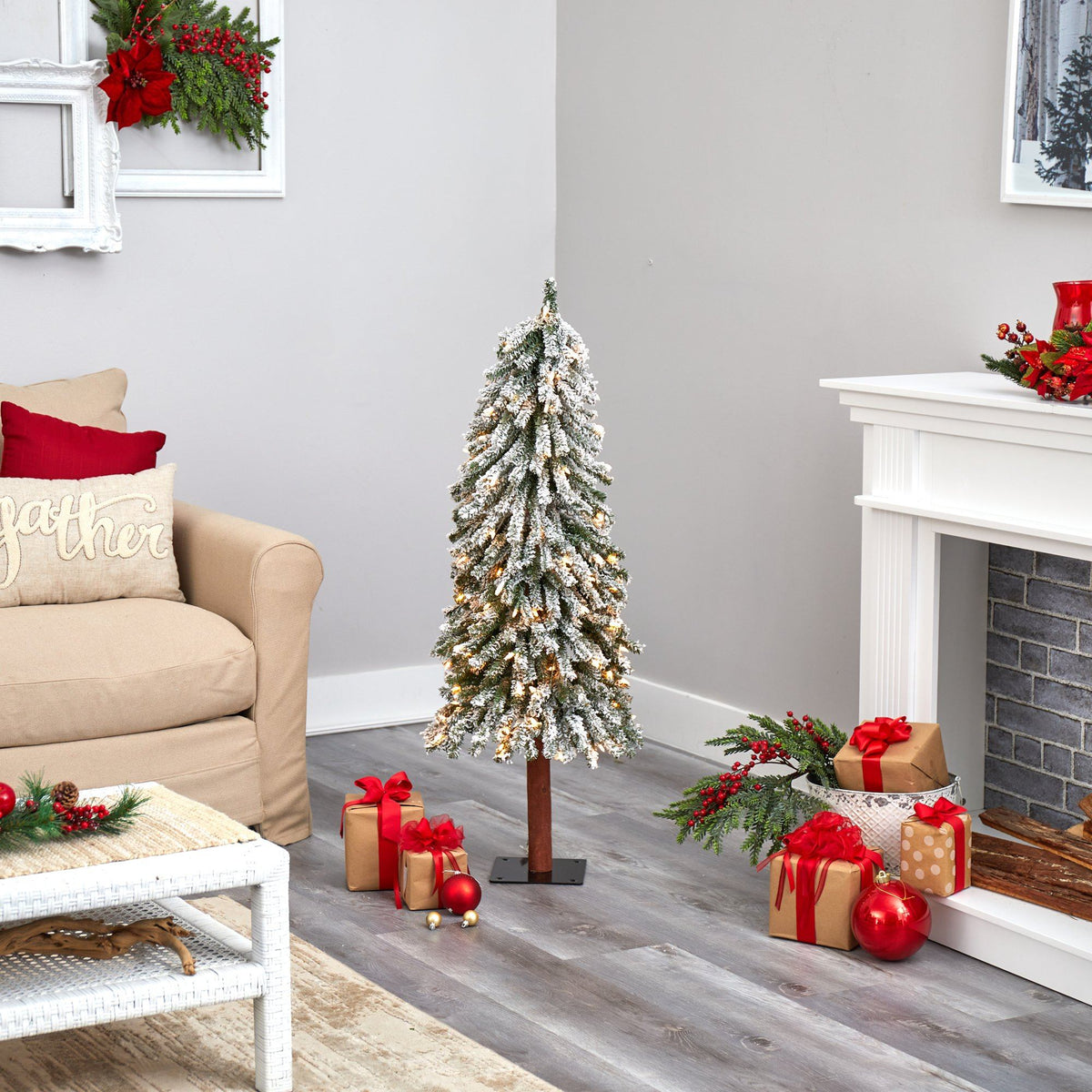 4-Foot Snow-Flocked Alpine Christmas Tree with 100 Clear LED Lights - View 3