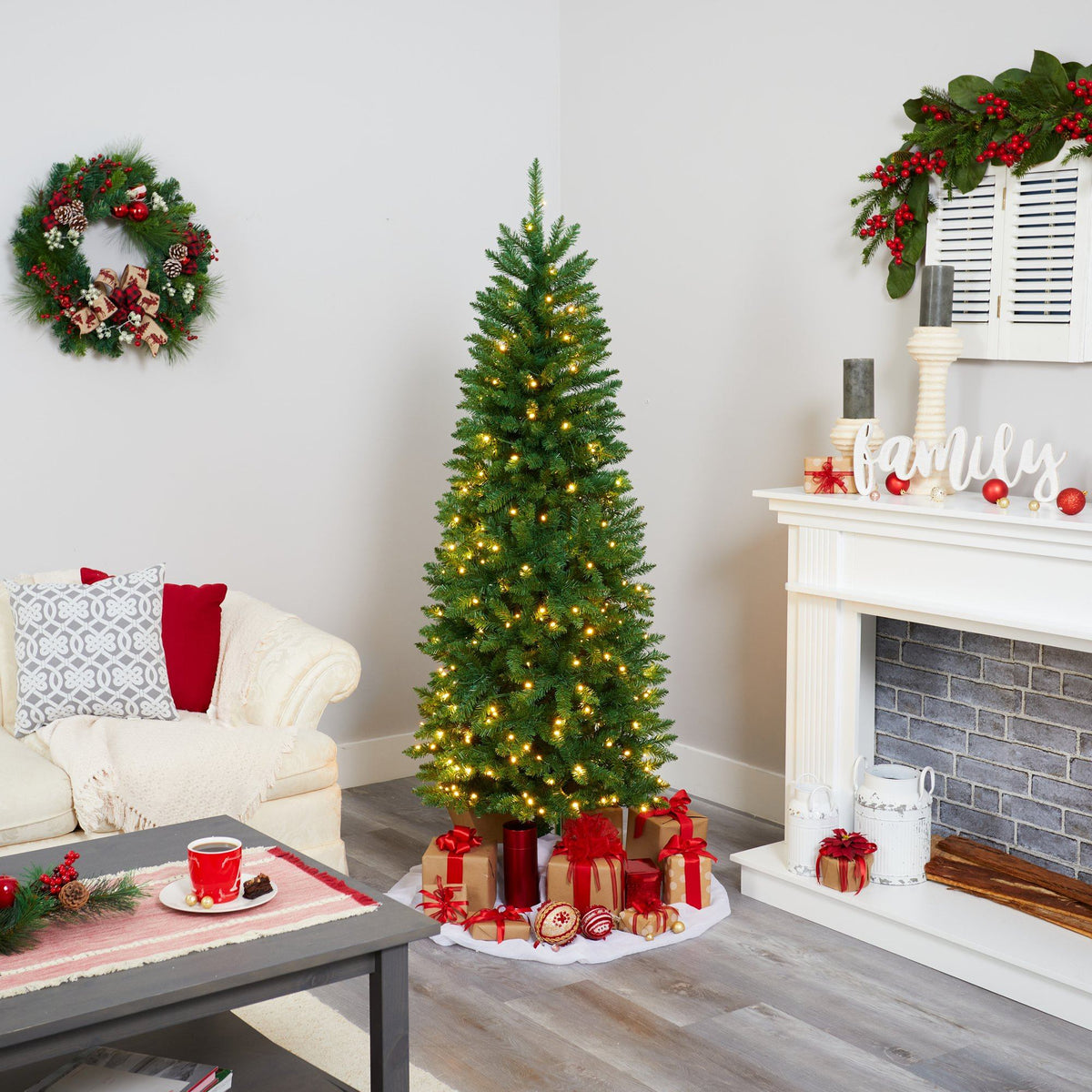 6-Foot Slim Pine Christmas Tree with 250 Clear LED Lights - View 6