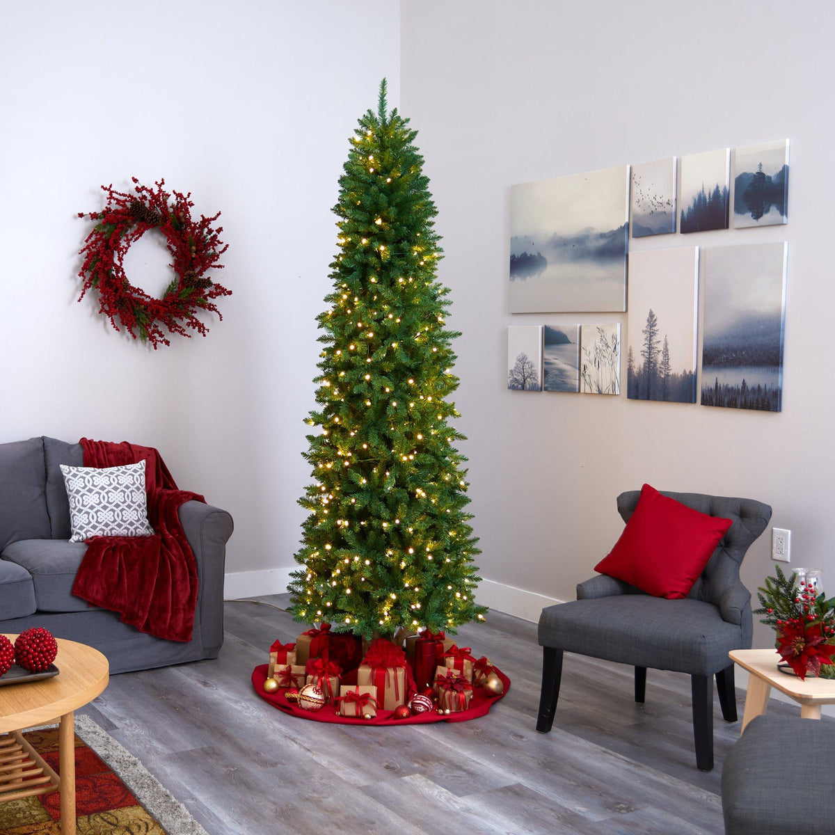 8-Foot Slim Pine Artificial Christmas Tree with 400 Clear LED Lights - View 4