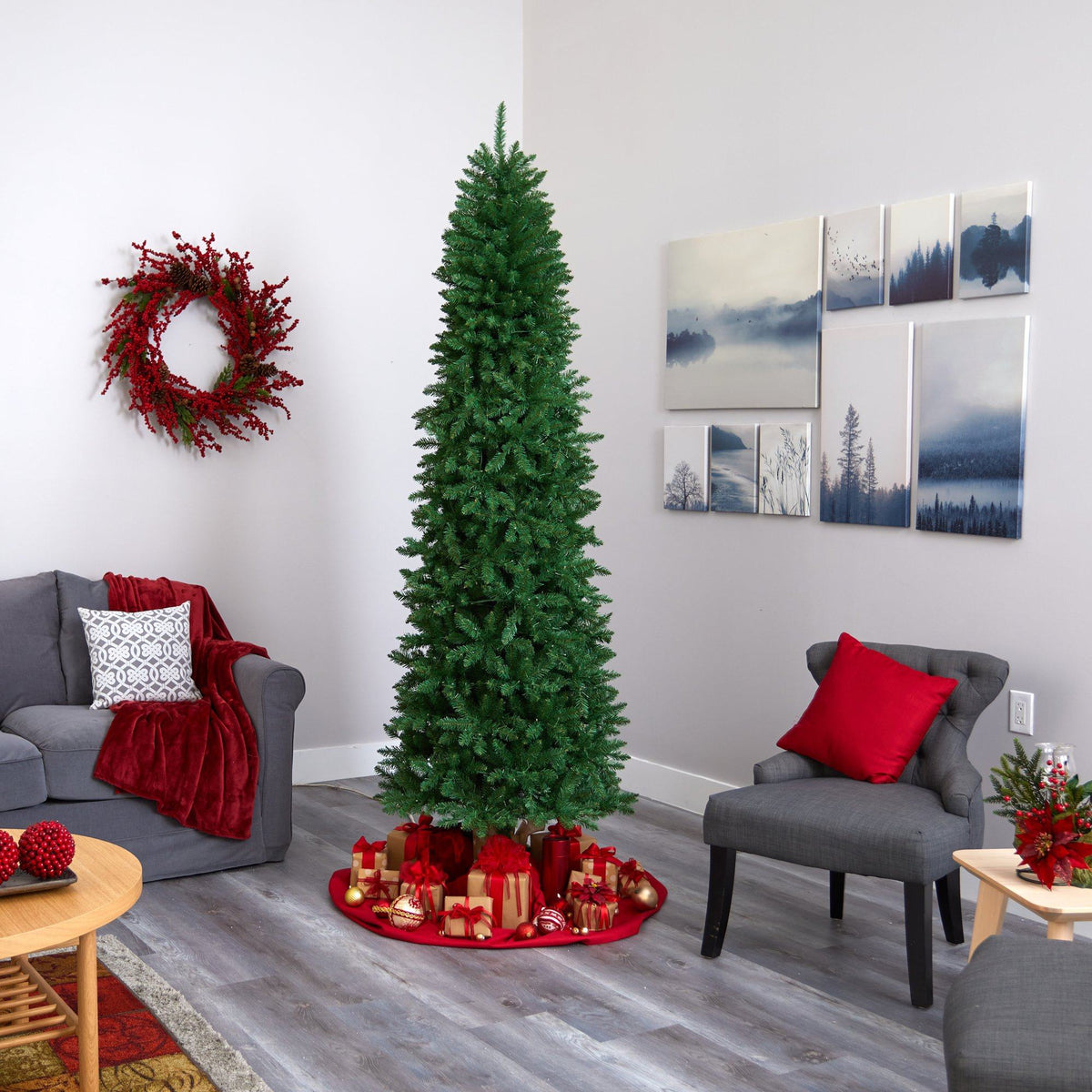 8-Foot Slim Pine Artificial Christmas Tree with 400 Clear LED Lights - View 6